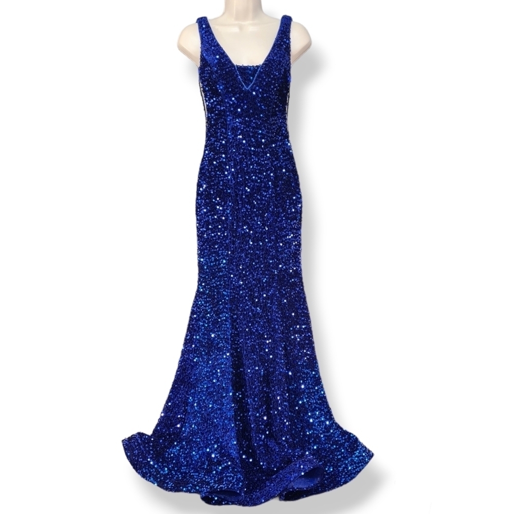 Sophia Thomas Blue Sequined Mermaid Prom Dress Size 00 Evening Gown Pageant